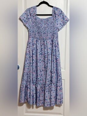 SHEIN Lavender Floral Smocked Midi Dress with Pink & Navy Accents plus 2XL